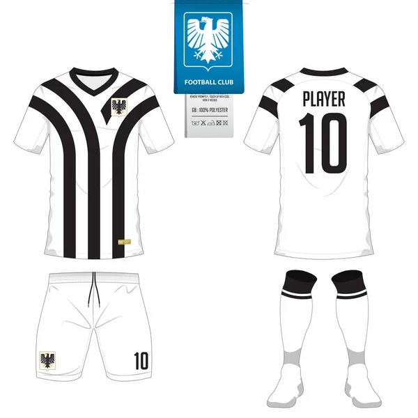 Verzameling korte mouw voetbal trui of voetbal kit sjabloon voor voetbalclub. Voetbalshirt mock up. Voor- en achterkant voetbal uniforme weergeven Platte voetbal logo op blauw label. Vector — Stockvector