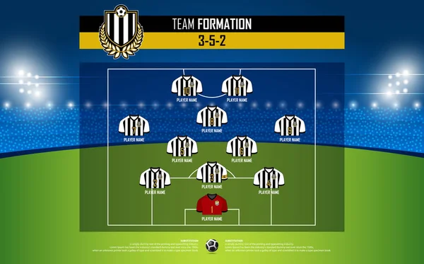 Футбол або футбольний матч формування інфографіки. Футбольна майка та позиція футболіста на футбольному полі. Футбольний логотип у плоскому дизайні. Векторні . — стоковий вектор