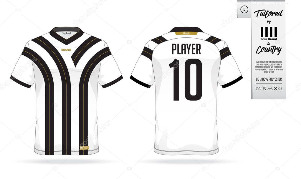 Sport t-shirt or soccer jersey template for sport club. Sportswear shirt mock up. Front view and back view of football uniform. Clothing label for apparel detail and size. Vector.
