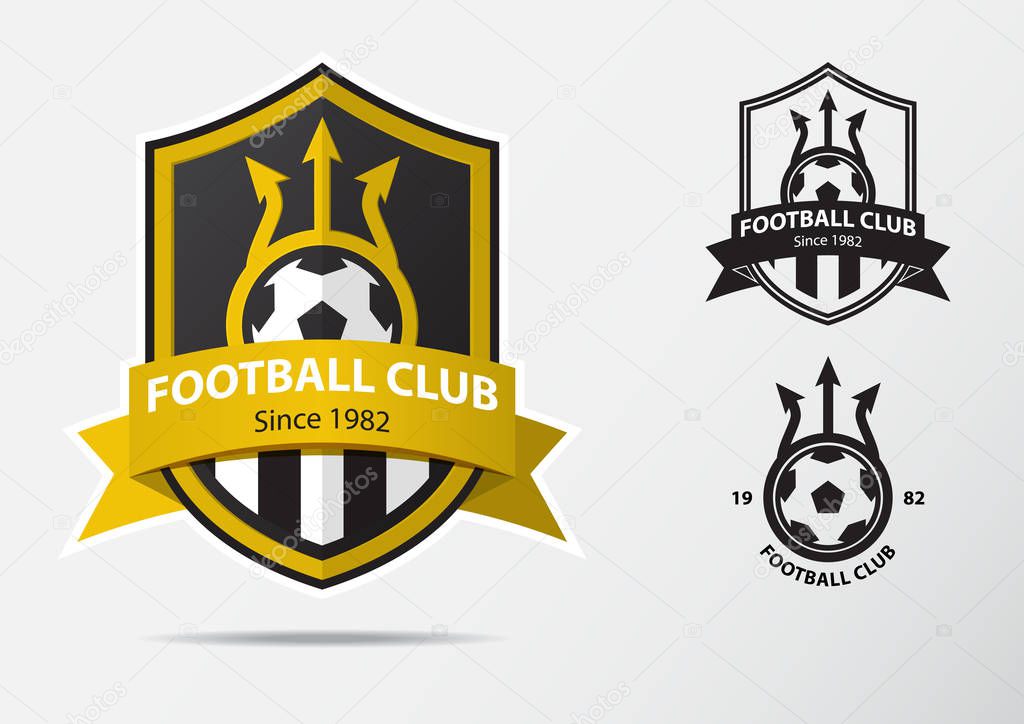 Soccer or Football Badge Logo Design for football team. Minimal design of golden fork and golden ribbon. Football club logo in black and white icon. Vector Illustration.