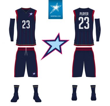 Basketbol forması, şort, çorap basketbol kulübü için şablon. Ön ve arka spor üniforma görüntüleyin. Kolsuz tişört kadar basketbol düz logo tasarımı etiketi ile alay. Vektör.