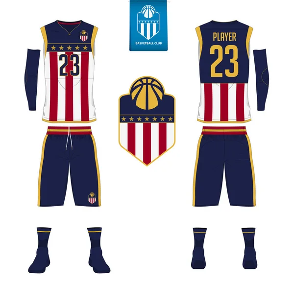 Camiseta de baloncesto, pantalones cortos, plantilla de calcetines para el club de baloncesto. Uniforme deportivo con vista frontal y trasera. Camiseta sin mangas con diseño de logo plano de baloncesto en la etiqueta. Vector . — Vector de stock