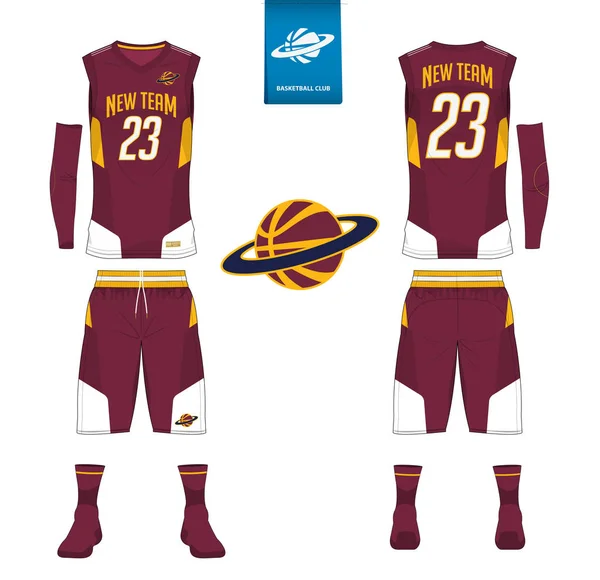 Camiseta de baloncesto, pantalones cortos, plantilla de calcetines para el club de baloncesto. Uniforme deportivo con vista frontal y trasera. Camiseta sin mangas con diseño de logo plano de baloncesto en la etiqueta. Vector . — Archivo Imágenes Vectoriales