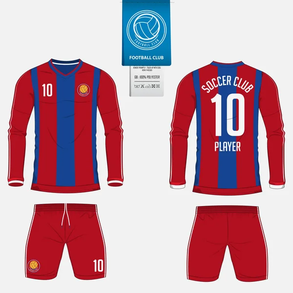 Fotboll jersey eller fotboll kit mall för football club. Långärmad fotboll t shirt mock upp. Fram och bak Visa fotboll enhetliga. Flat fotboll logo på blå etikett. Vektor — Stock vektor