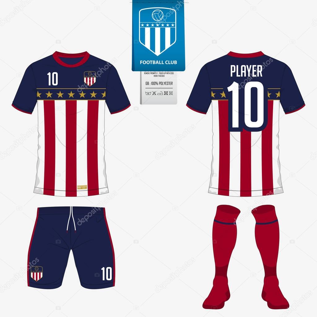 Soccer jersey or football kit template for football club. Short sleeve football t shirt mock up. Front and back view soccer uniform. Flat football logo on blue label. Vector Illustration.