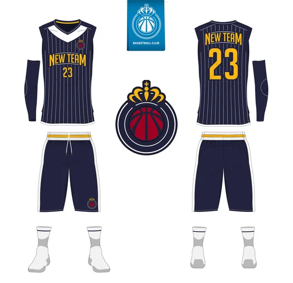 Maillot de basket-ball, short, modèle de chaussettes pour club de basket-ball. Uniforme sport vue avant et arrière. T-shirt débardeur maquillé avec logo plat de basket-ball sur l'étiquette. Vecteur . — Image vectorielle