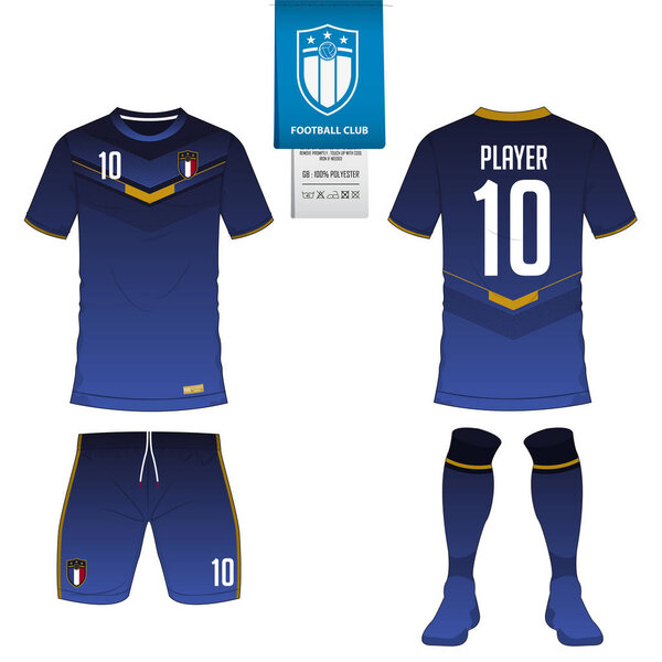 Soccer jersey or football kit, short, sock template for sport club. Football t-shirt mock up. Front and back view soccer uniform. Flat football logo on blue label. Vector.