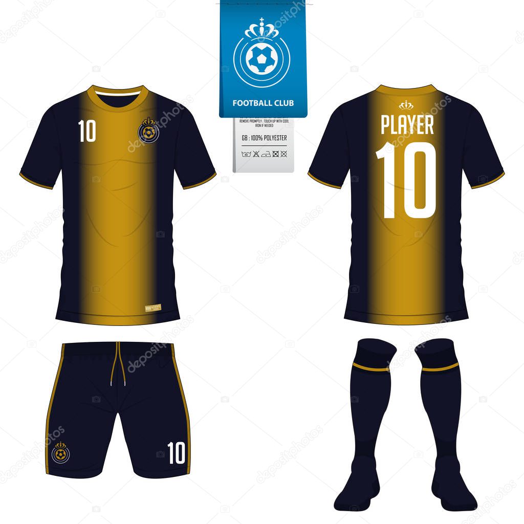 Soccer jersey or football kit, short, sock template for sport club. Football t-shirt mock up. Front and back view soccer uniform. Flat football logo on blue label. Vector Illustration.
