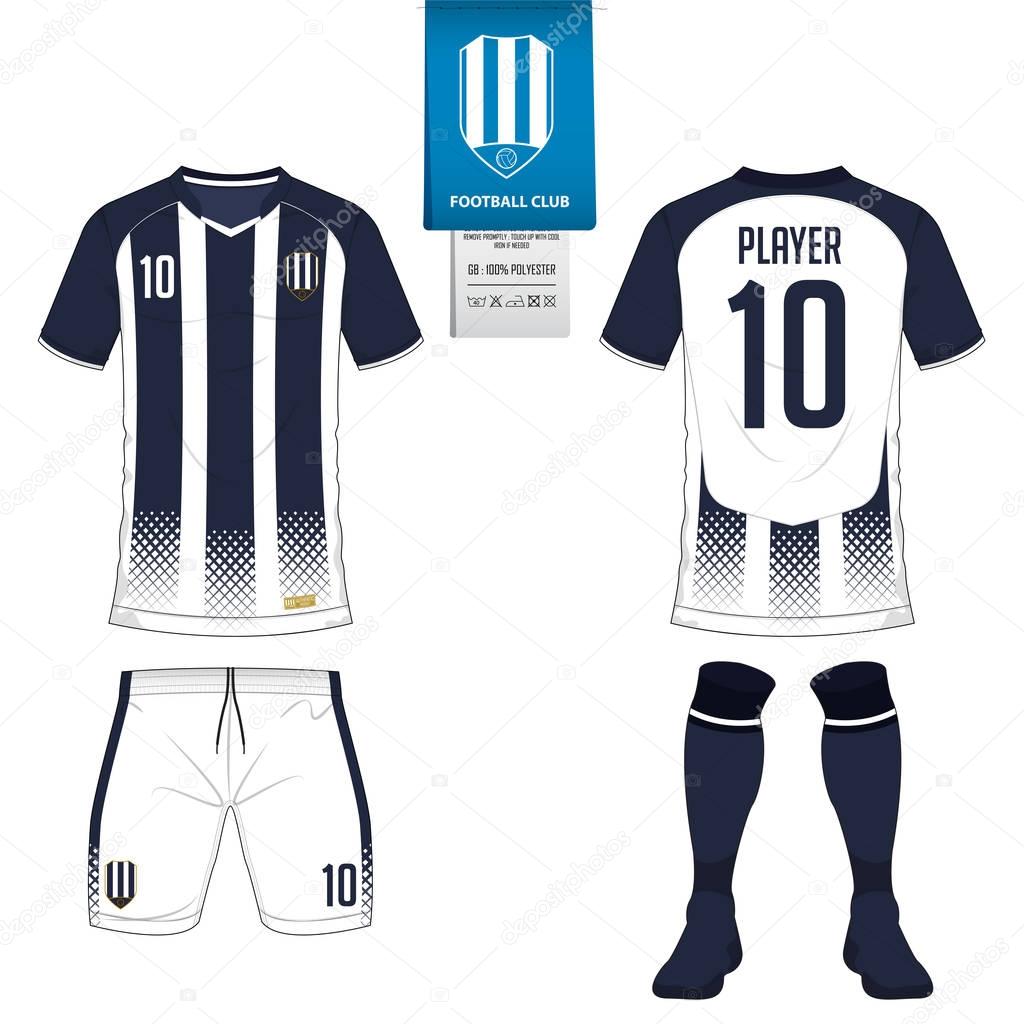 Soccer jersey or football kit, short, sock template for sport club. Football t-shirt mock up. Front and back view soccer uniform. Flat football logo on blue label. Vector.