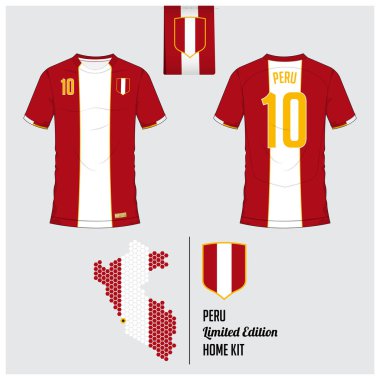Futbol jersey veya futbol takımı, Peru Milli Futbol Takımı için şablon. Ön ve arka futbol Tekdüzen görüntüleyin. Peru bayrağı etiket ve harita altıgen düzende düz futbol logo. Vektör 