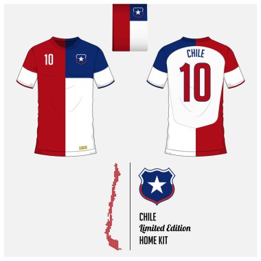 Futbol jersey veya futbol takımı, Şili Ulusal Futbol Takımı için şablon. Ön ve arka futbol Tekdüzen görüntüleyin. Şili bayrağı etiket ve harita altıgen düzende düz futbol logo. Vektör
