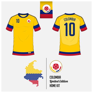 Futbol jersey veya futbol takımı, Kolombiya Milli Futbol Takımı için şablon. Ön ve arka futbol Tekdüzen görüntüleyin. Kolombiya bayrak etiket ve harita altıgen düzende düz futbol logo. Vektör
