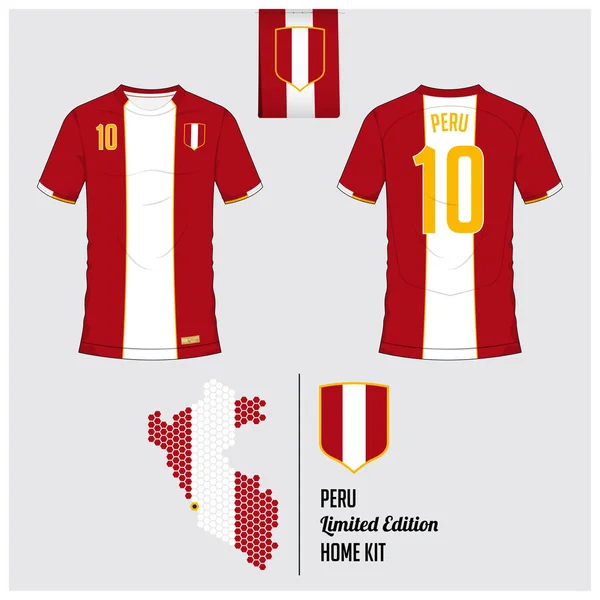 Jalkapallo jersey tai jalkapallo pakki, malli Peru National Football Team. Etu- ja takanäkymä jalkapallo univormu. Flat jalkapallo logo Peru lippu etiketti ja kartta kuusikulmio kuvio. Vektori — vektorikuva