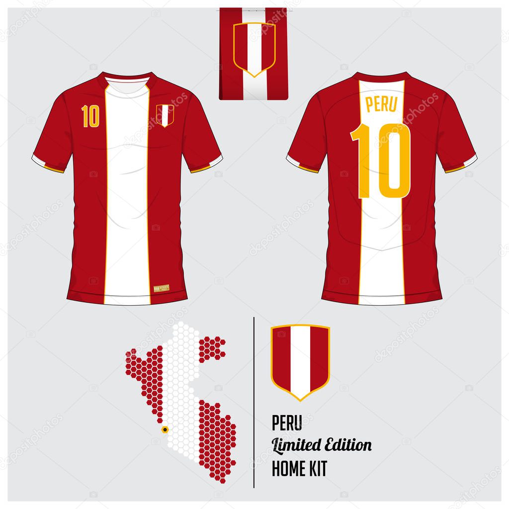 Soccer jersey or football kit, template for Peru National Football Team. Front and back view soccer uniform. Flat football logo on Peru flag label and map in hexagon pattern. Vector Illustration.