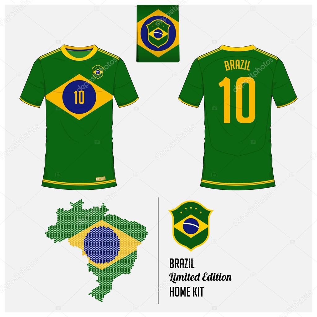 Soccer jersey or football kit, template for Brazil National Football Team. Front and back view soccer uniform. Flat football logo on Brazil flag label and map in hexagon pattern. Vector