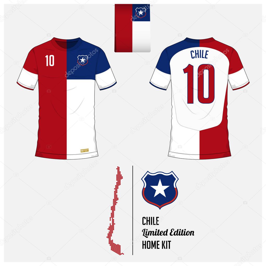 Soccer jersey or football kit, template for Chile National Football Team. Front and back view soccer uniform. Flat football logo on Chile flag label and map in hexagon pattern. Vector