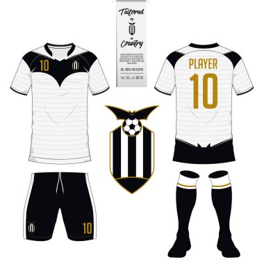 Futbol jersey veya futbol takımı, kısa, çorap şablonu spor kulübü için. Futbol t-shirt alay et. Ön ve arka futbol Tekdüzen görüntüleyin. Mavi etiket üzerinde düz futbol logo. Vektör.