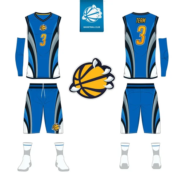 Basketball jersey, celana pendek, kaus kaki template untuk klub basket. Tampilan depan dan belakang seragam olahraga. Tank top t-shirt mock-up dengan desain logo datar basket pada label. Vektor - Stok Vektor