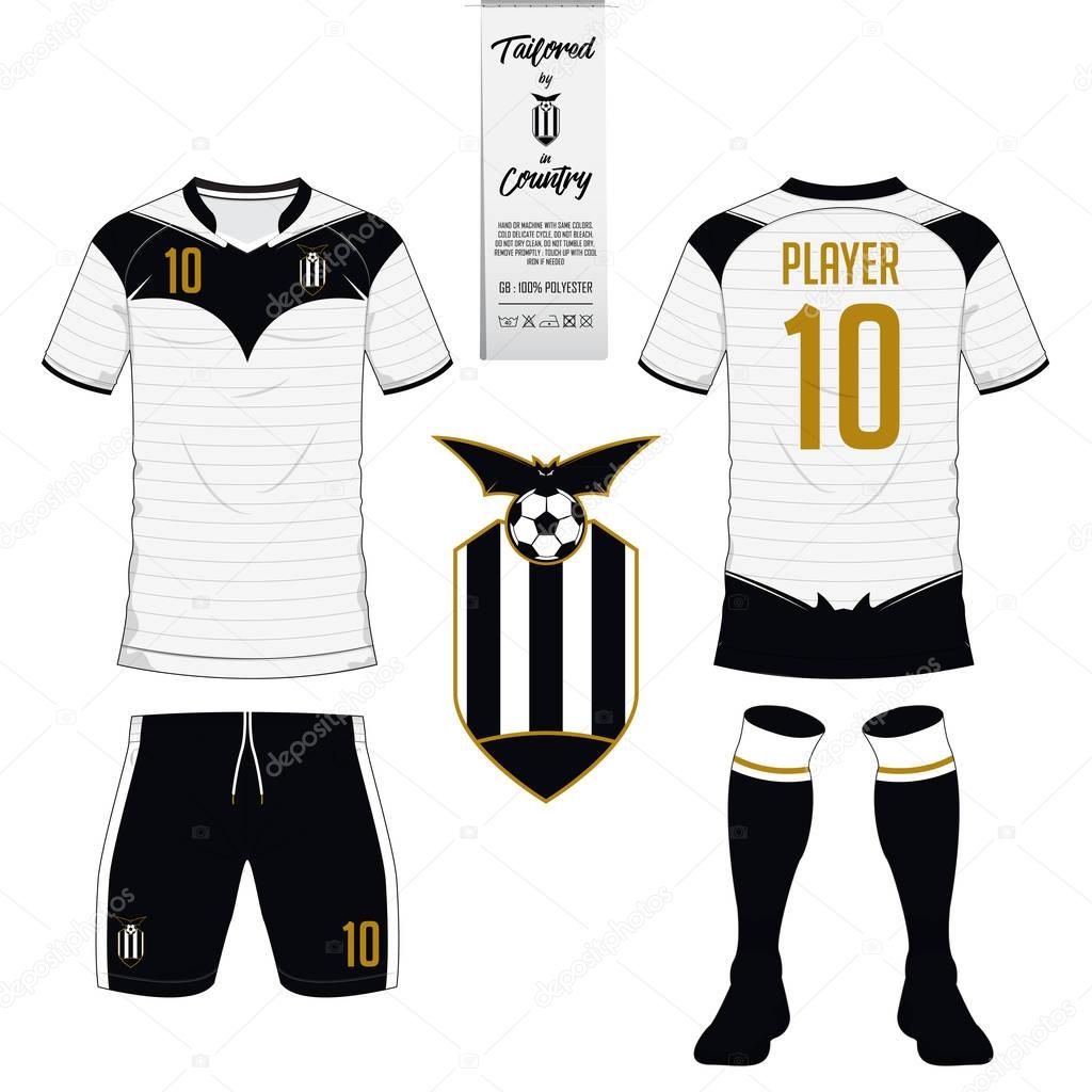 Soccer jersey or football kit, short, sock template for sport club. Football t-shirt mock up. Front and back view soccer uniform. Flat football logo on blue label. Vector Illustration.