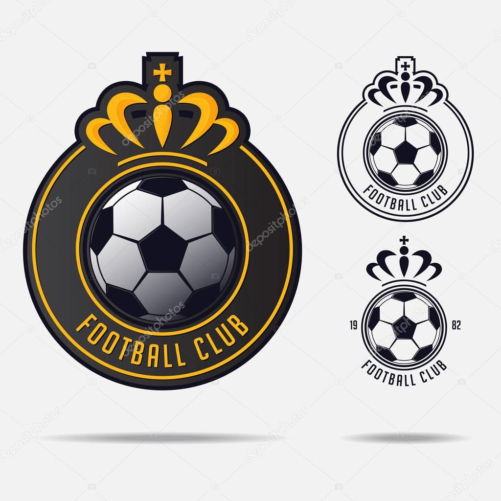 Soccer emblem or Football Badge Logo Design for football team. Minimal design of golden crown and classic soccer ball. Football club logo in black and white icon. Vector Illustration.