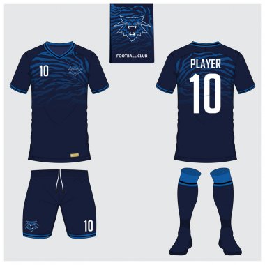 Futbol jersey veya futbol takımı, kısa, çorap şablonu spor kulübü için. Futbol t-shirt alay et. Ön ve arka futbol Tekdüzen görüntüleyin. Mavi etiket üzerinde düz futbol logo. Vektör.