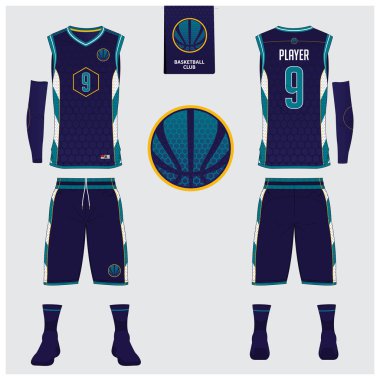 Basketball jersey, shorts, socks template for basketball club. Front and back view sport uniform. Tank top t-shirt mock up with basketball flat logo design on label. Vector . clipart