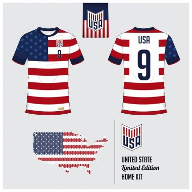 Futbol jersey veya futbol takımı, Amerika Birleşik Devletleri Ulusal Futbol Takımı için şablon. Ön ve arka futbol Tekdüzen görüntüleyin. ABD bayrağı etiket ve harita altıgen düzende düz futbol logo. Vektör.