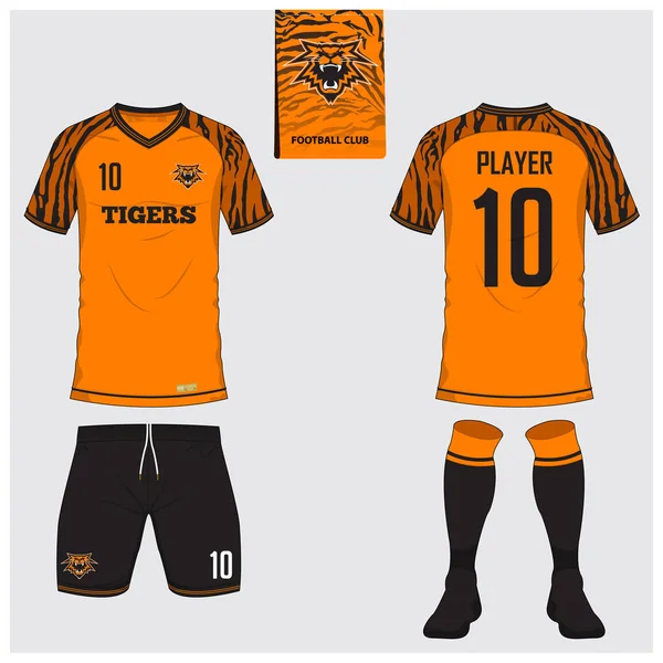 Futbol jersey veya futbol takımı, kısa, çorap şablonu spor kulübü için. Futbol t-shirt alay et. Ön ve arka futbol Tekdüzen görüntüleyin. Mavi etiket üzerinde düz futbol logo. Vektör.