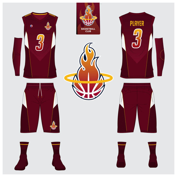 Basketball jersey, shorts, socks template for basketball club. Front and back view sport uniform. Tank top t-shirt mock up with basketball flat logo design on label. Vector .