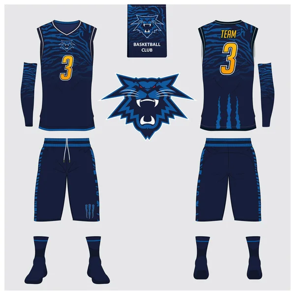 Basketball jersey, shorts, socks template for basketball club. Front and back view sport uniform. Tank top t-shirt mock up with basketball flat logo design on label. Vector . — Stock Vector