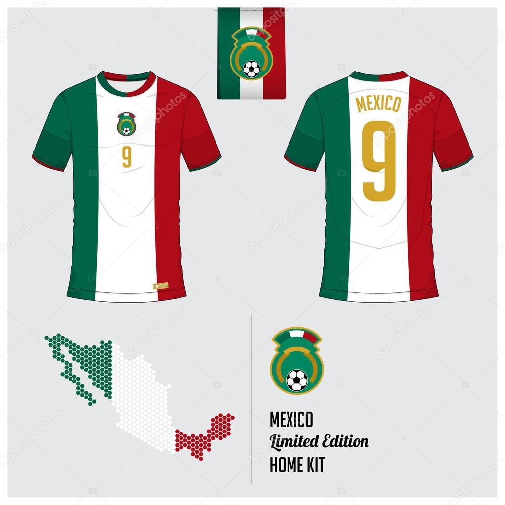 Soccer jersey or football kit, template for Mexico National Football Team. Front and back view soccer uniform. Flat football logo on Mexico flag label and map in hexagon pattern. Vector Illustration.