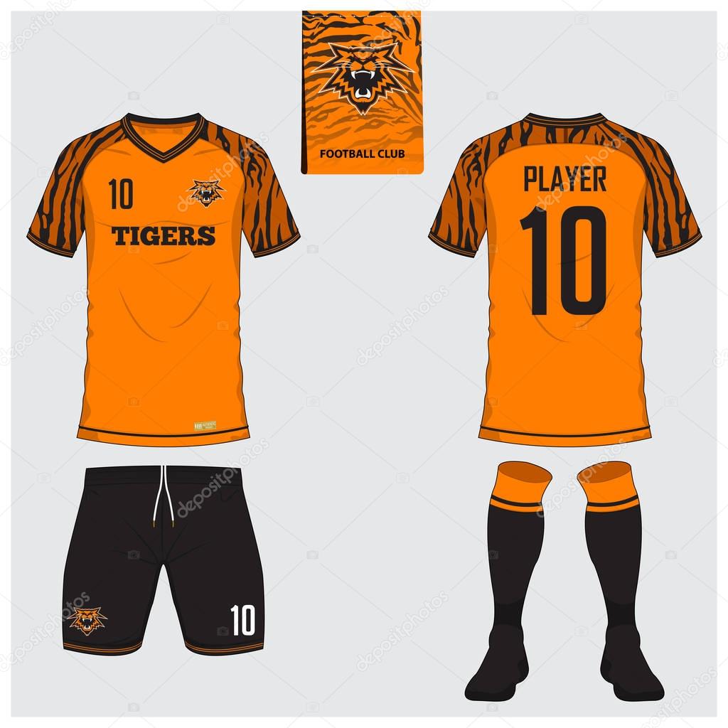 Soccer jersey or football kit, short, sock template for sport club. Football t-shirt mock up. Front and back view soccer uniform. Flat football logo on blue label. Vector Illustration.