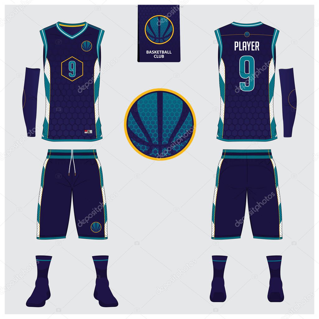 Basketball jersey, shorts, socks template for basketball club. Front and back view sport uniform. Tank top t-shirt mock up with basketball flat logo design on label. Vector Illustration.