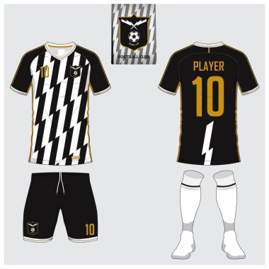 Futbol jersey veya futbol takımı, kısa, çorap şablonu spor kulübü için. Futbol t-shirt alay et. Ön ve arka futbol Tekdüzen görüntüleyin. Mavi etiket üzerinde düz futbol logo. Vektör