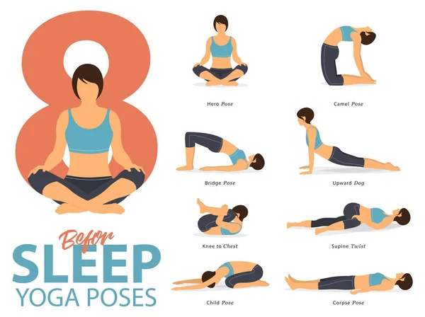 Um conjunto de posturas de ioga figuras femininas para Infográfico 8 poses de Yoga para o exercício antes de dormir em design plano. Vetor . — Vetor de Stock