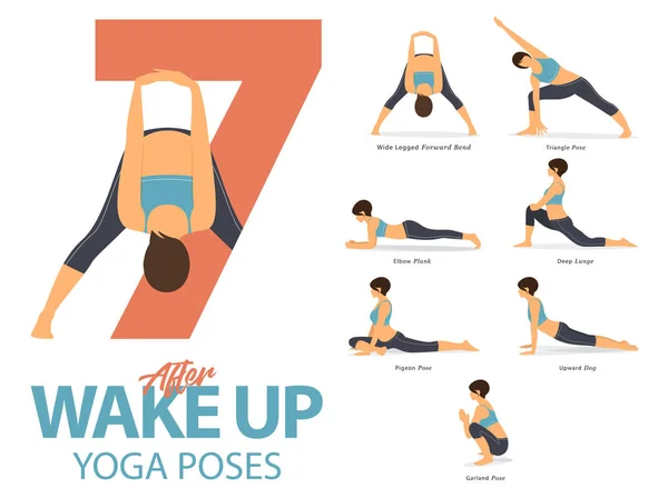 Un conjunto de posturas de yoga de figuras femeninas para la infografía 7 posturas de yoga para el ejercicio después de despertar en diseño plano. Vector . — Archivo Imágenes Vectoriales