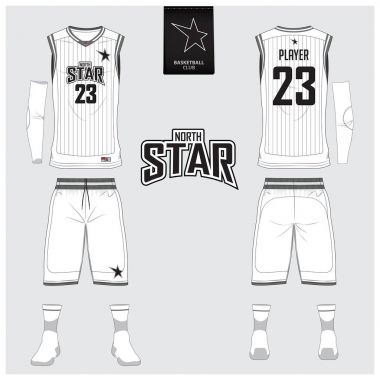 White basketball uniform or jersey, shorts, socks template for basketball club. Front and back view sport uniform. Tank top t-shirt mock up with basketball flat logo design on label. Vector . clipart