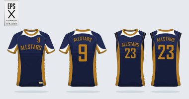 -Mavi ve altın t gömlek spor tasarım şablonu futbol forma, futbol takımı ve tank top basketbol forması için. Spor üniforma önünde görüntülemek ve arka görünüm. T-shirt spor kulübü için alay et. Vektör.
