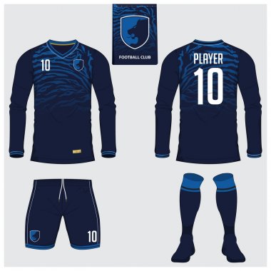 Futbol jersey veya futbol takımı, uzun kollu, kısa, çorap şablon spor kulübü için. Kaplan çizgili futbol t-shirt alay et. Ön, arka görüntülemek futbol üniforma. Düz futbol logo etiket. Vektör.