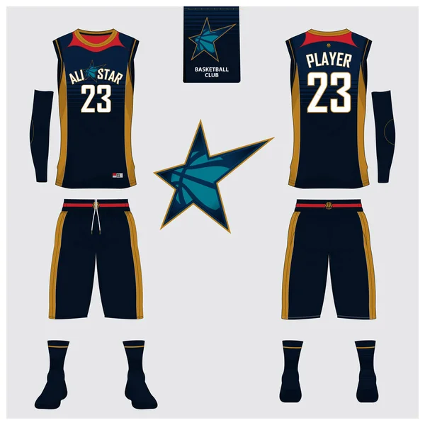 All Star Basketball uniforme ou camisa, shorts, meias modelo para clube de basquete. Frente e costas vista uniforme desportivo. Camiseta superior do tanque simular com basquete design de logotipo plana na etiqueta. Vetor  . — Vetor de Stock