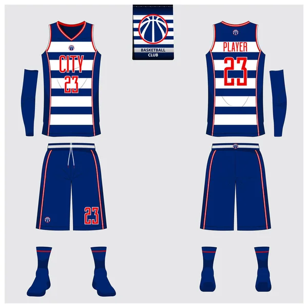 Azul e branco Stripe basquete uniforme ou camisa, shorts, meias modelo para clube de basquete. Frente e costas vista uniforme desportivo. Camiseta superior do tanque simular com basquete design de logotipo plana na etiqueta. Vetor  . —  Vetores de Stock