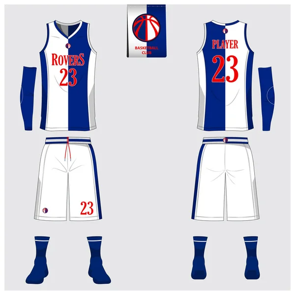 Azul y blanco uniforme de baloncesto o jersey, pantalones cortos, calcetines plantilla para club de baloncesto. Uniforme deportivo con vista frontal y trasera. Camiseta sin mangas con diseño de logo plano de baloncesto en la etiqueta. Vector  . — Vector de stock