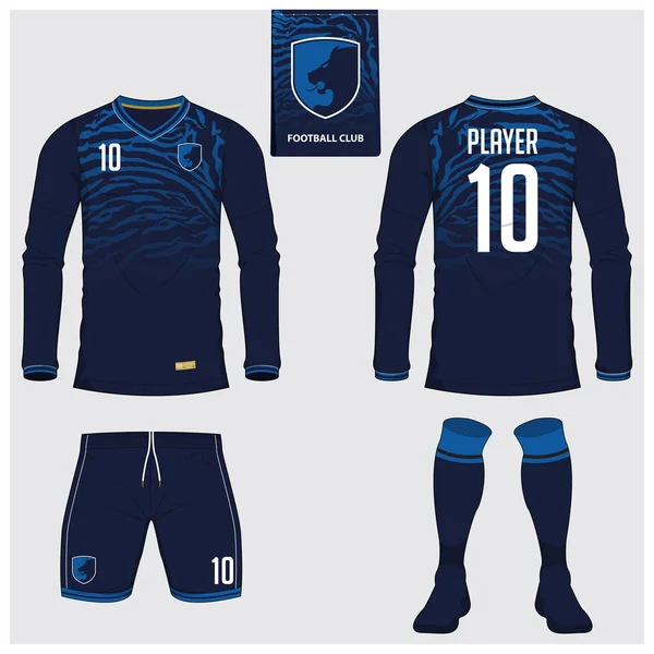 Camiseta de fútbol o kit de fútbol, manga larga, corto, plantilla de calcetín para club deportivo. Camiseta de fútbol con rayas de tigre. Frente, vista trasera uniforme de fútbol. Etiqueta de logotipo de fútbol plano. Vector . — Archivo Imágenes Vectoriales