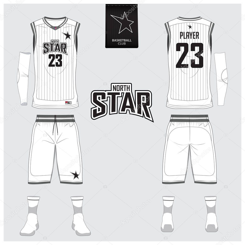 White basketball uniform or jersey, shorts, socks template for basketball club. Front and back view sport uniform. Tank top t-shirt mock up with basketball flat logo design on label. Vector .