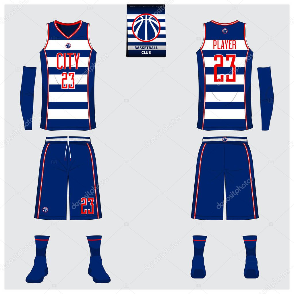 Blue and white Stripe basketball uniform or jersey, shorts, socks template for basketball club. Front and back view sport uniform. Tank top t-shirt mock up with basketball flat logo design on label. Vector .
