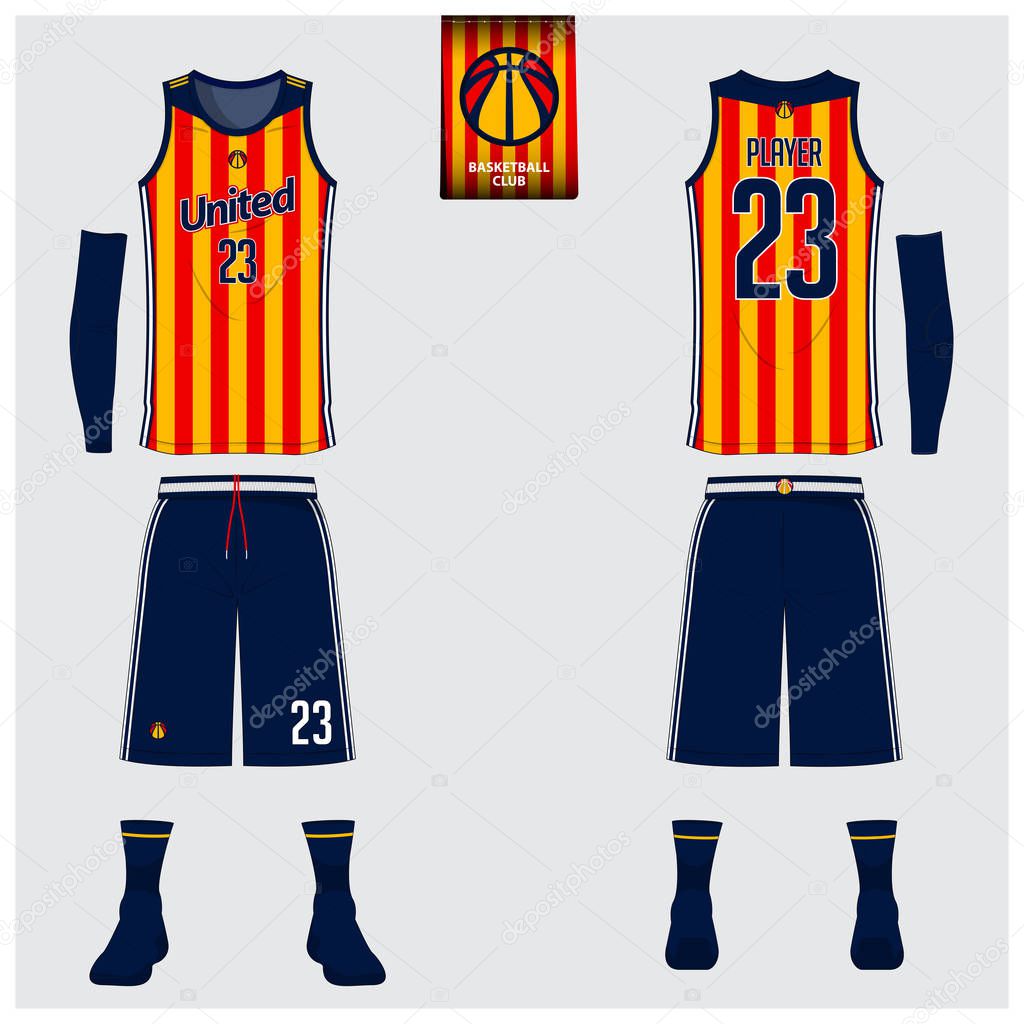 Red and yellow stripe basketball uniform or jersey, shorts, socks template for basketball club. Front and back view sport uniform. Tank top t-shirt mock up with basketball flat logo design on label. Vector .