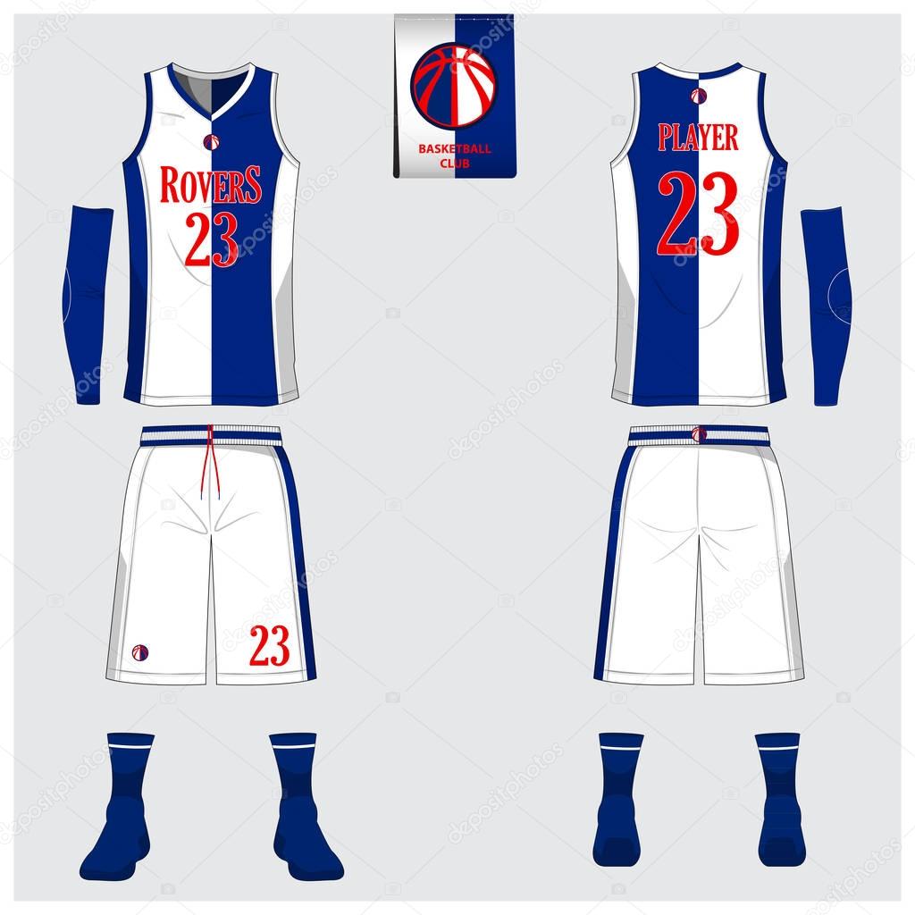 Blue and white basketball uniform or jersey, shorts, socks template for basketball club. Front and back view sport uniform. Tank top t-shirt mock up with basketball flat logo design on label. Vector .
