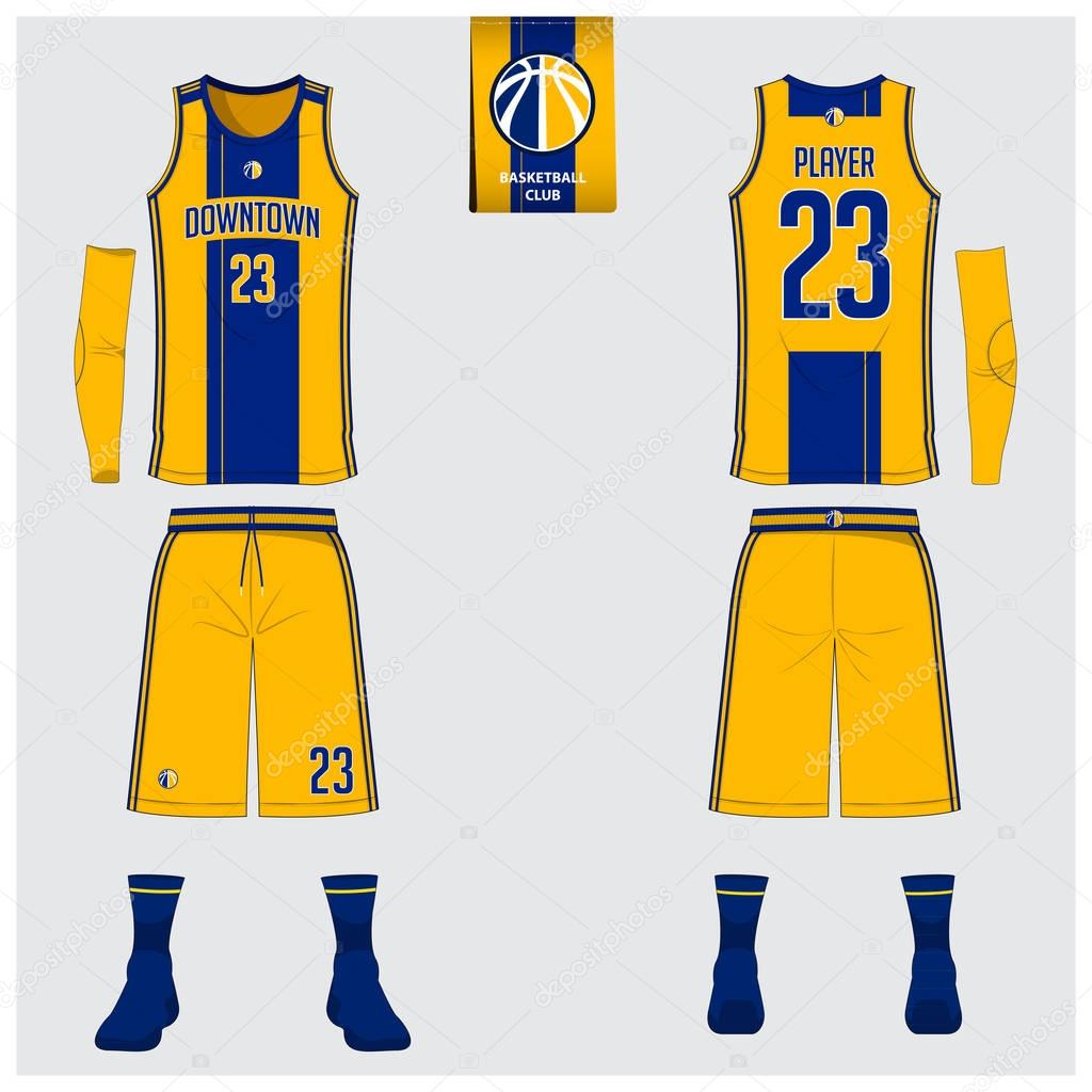 Yellow and blue basketball uniform or jersey, shorts, socks template for basketball club. Front and back view sport uniform. Tank top t-shirt mock up with basketball flat logo design on label. Vector Illustration.
