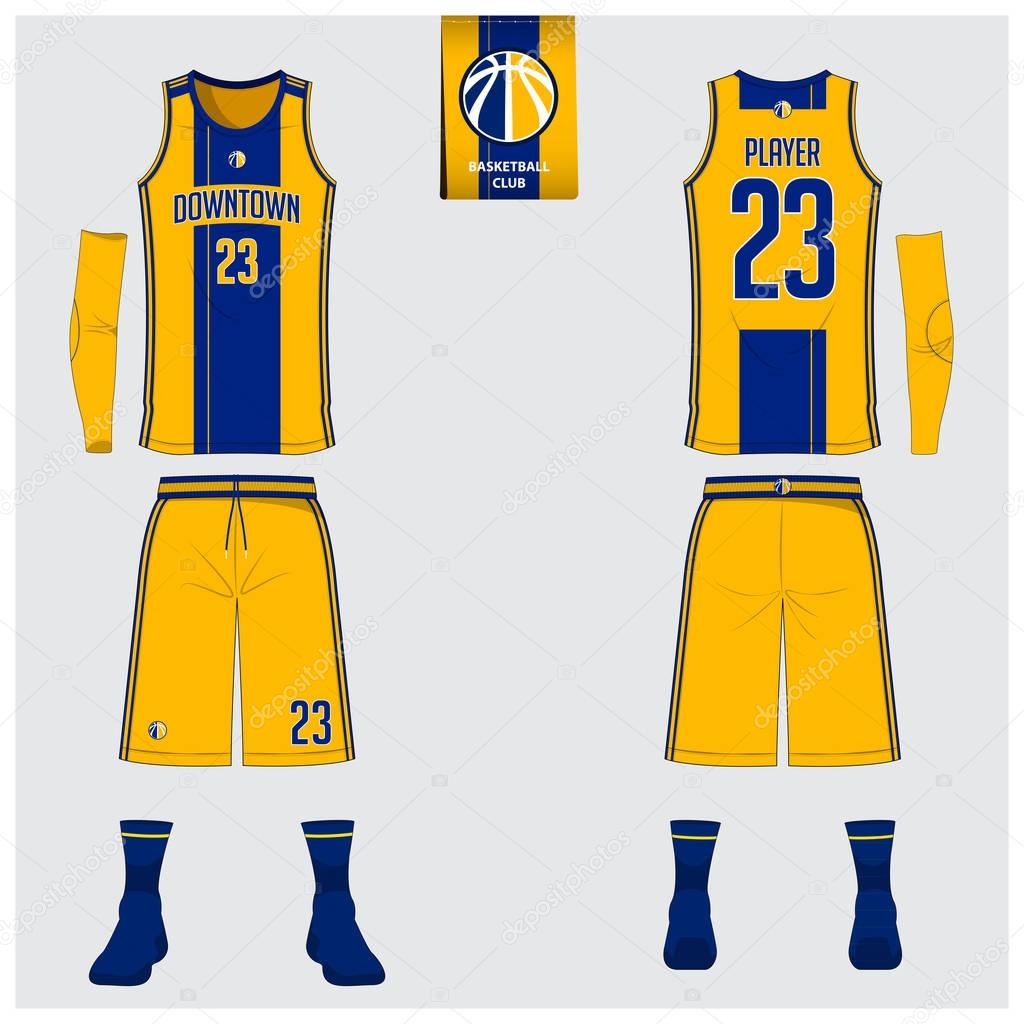 Yellow and blue basketball uniform or jersey, shorts, socks template for basketball club. Front and back view sport uniform. Tank top t-shirt mock up with basketball flat logo design on label. Vector .