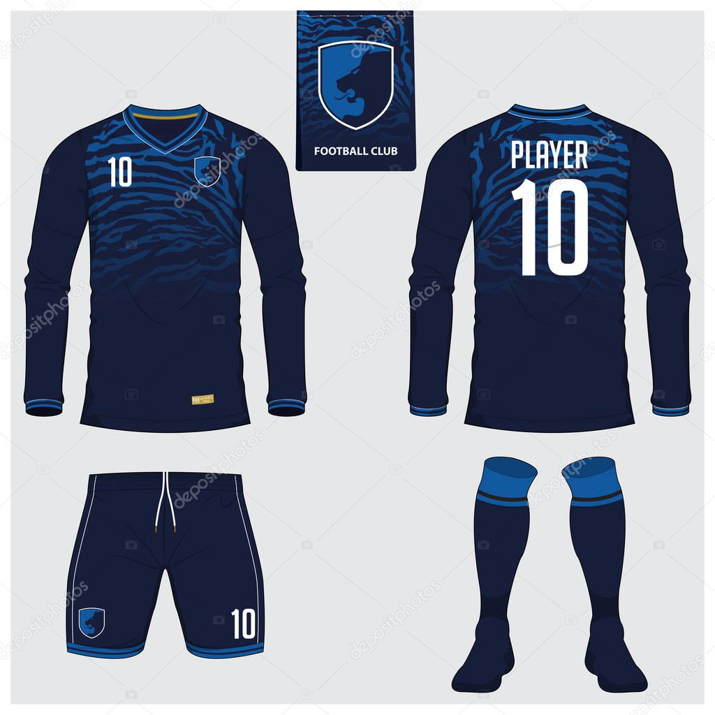 Soccer jersey or football kit, long sleeve, short, sock template for sport club. Tiger stripes football t-shirt mock up. Front, back view soccer uniform. Flat football logo label. Vector Illustration.
